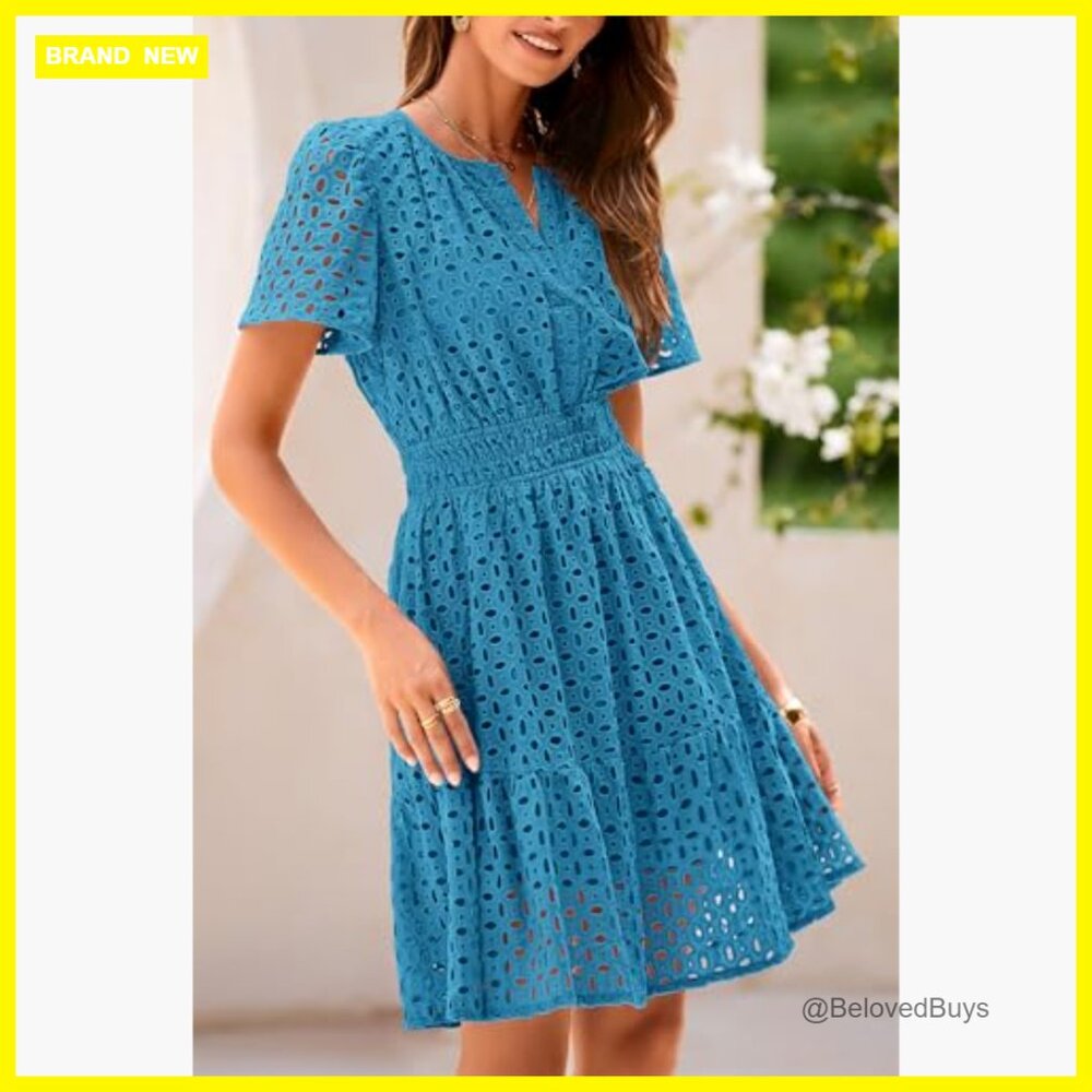 V-Neck A-Line Mini Dress with Lace Detail, Short Sleeve, Casual Summer - Picture 4 of 7